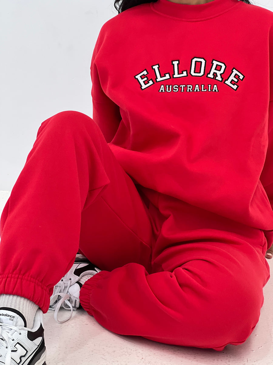 Red Embroidered Oversized Crew