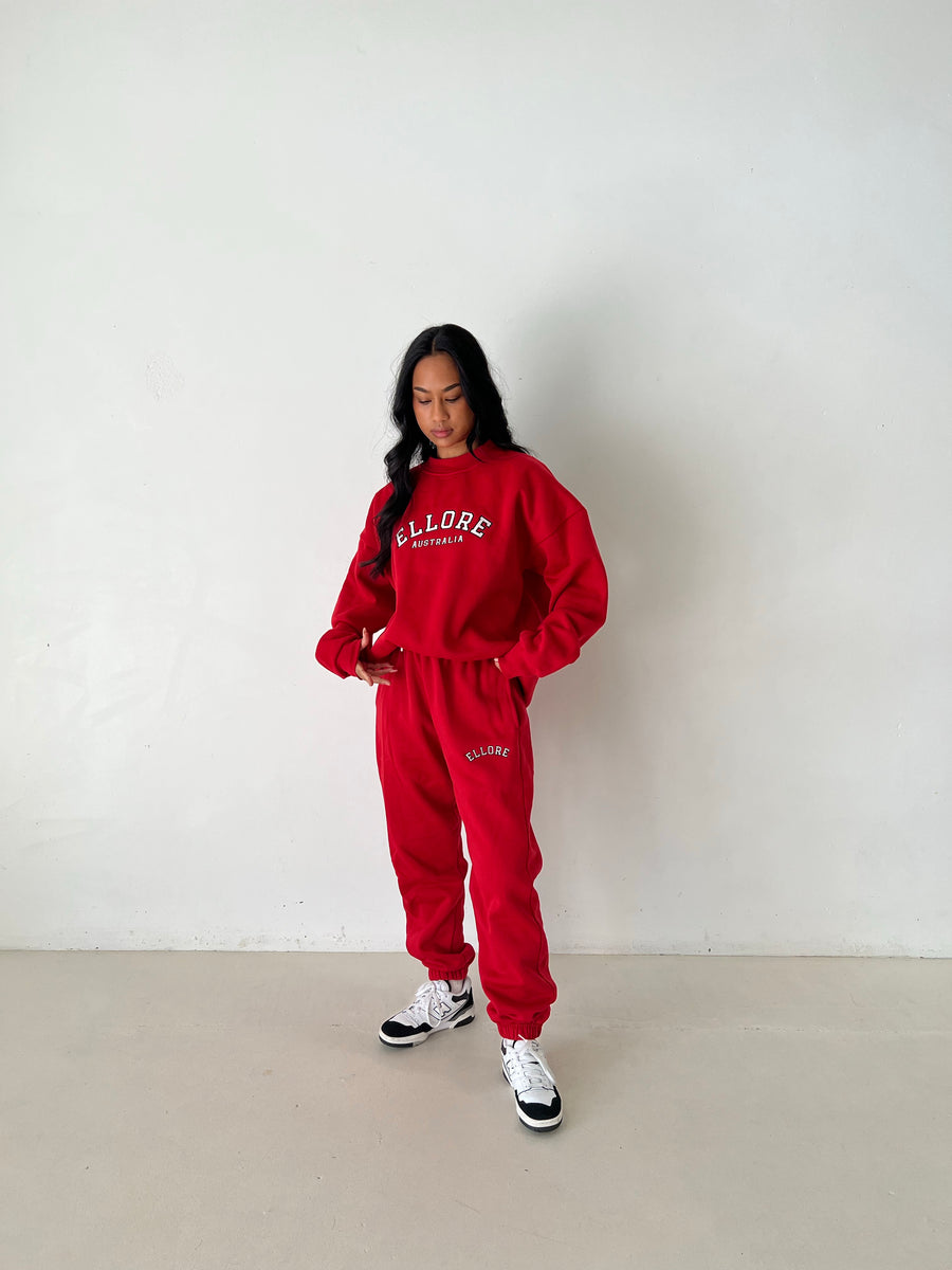 Red Embroidered Oversized Crew