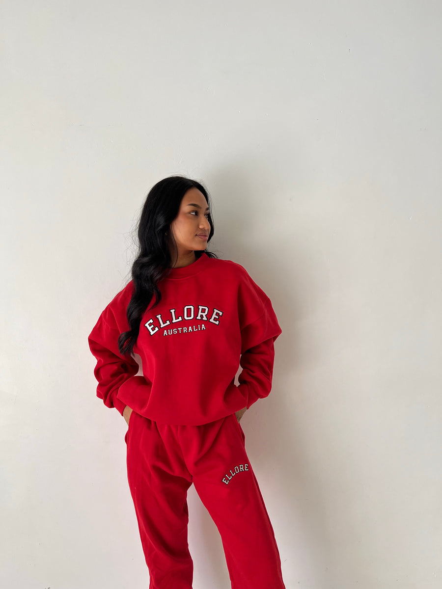 Red Embroidered Oversized Crew
